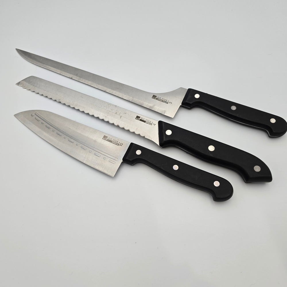 Ronco Six Star Plus Knife Set Large Fillet Bread Cheese Stainless Black Handle